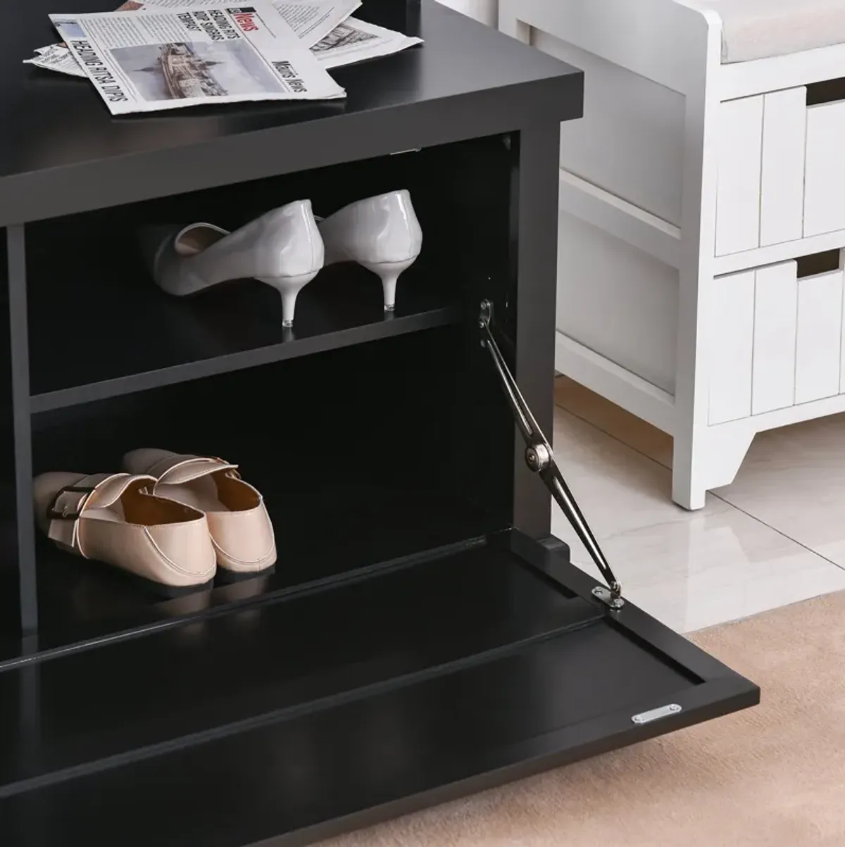 Black Entryway Solution: Hall Cabinet with Coat Hooks & Shoe Bench