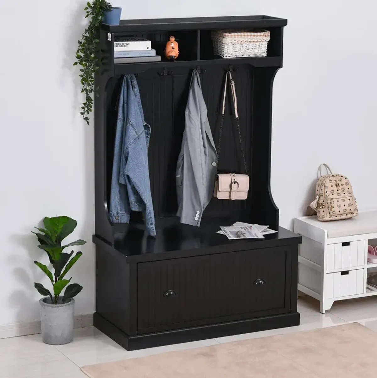 Black Entryway Solution: Hall Cabinet with Coat Hooks & Shoe Bench