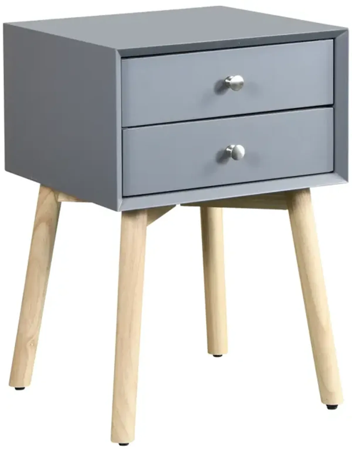 Side Table, Bedside Table With 2 Drawers And Rubber Wood Legs, Mid-Century Modern Storage