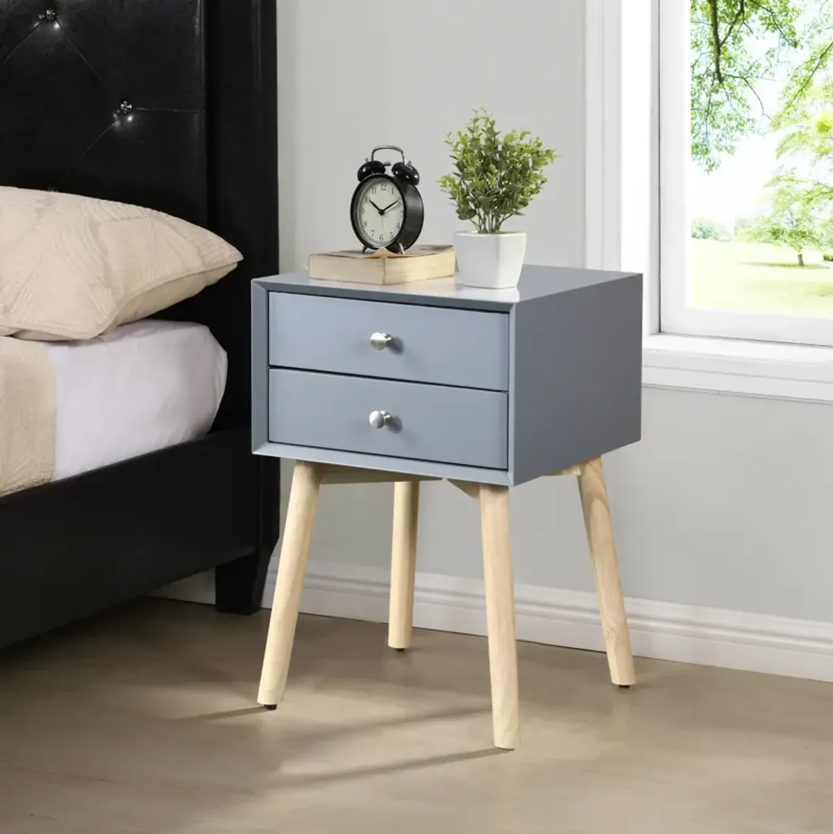 Side Table, Bedside Table With 2 Drawers And Rubber Wood Legs, Mid-Century Modern Storage