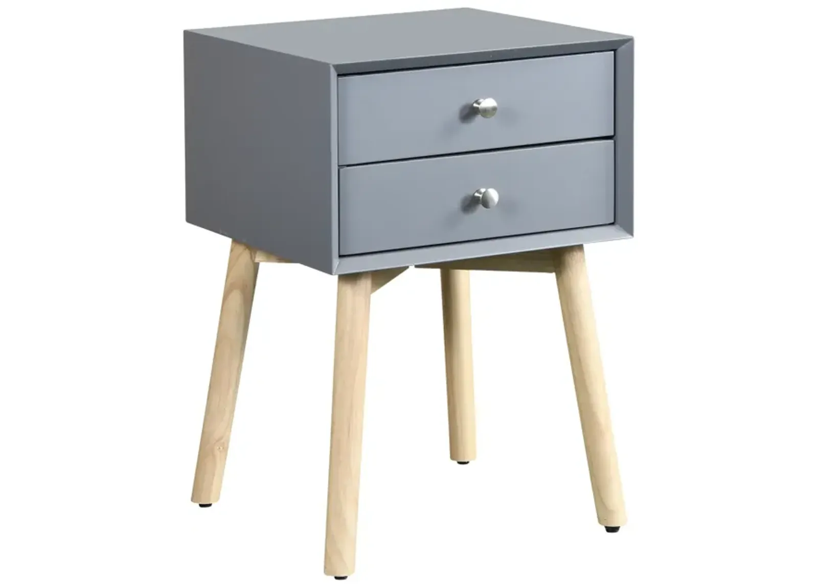 Side Table, Bedside Table With 2 Drawers And Rubber Wood Legs, Mid-Century Modern Storage