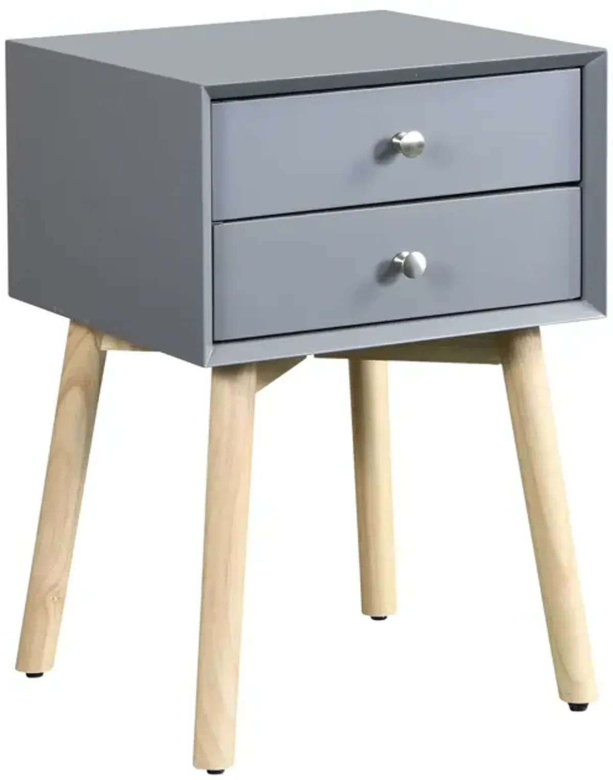 Side Table, Bedside Table With 2 Drawers And Rubber Wood Legs, Mid-Century Modern Storage