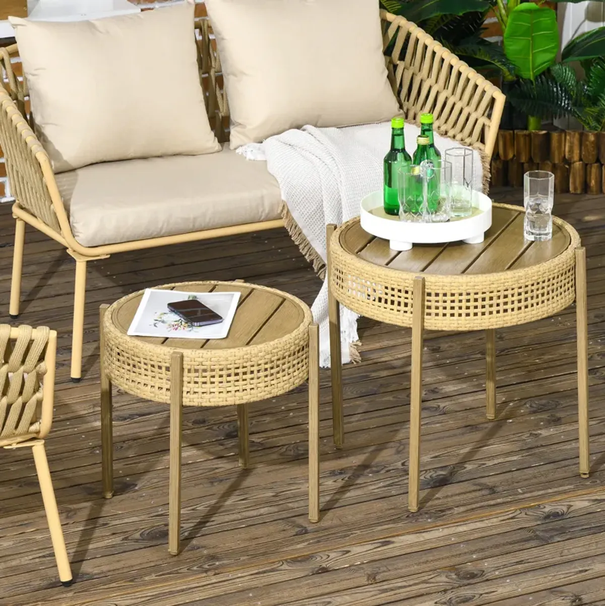 Outsunny Wicker Patio Table Set, PE Rattan End Table Set, Brown