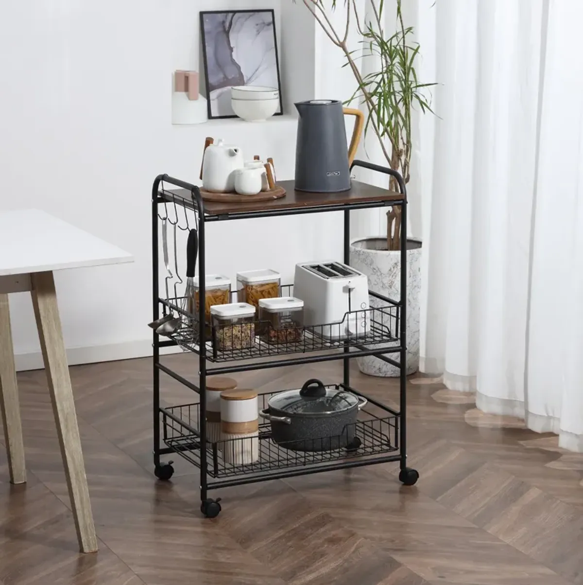 Walnut Kitchen Helper: 3-Tier Mobile Trolley with Basket Drawers