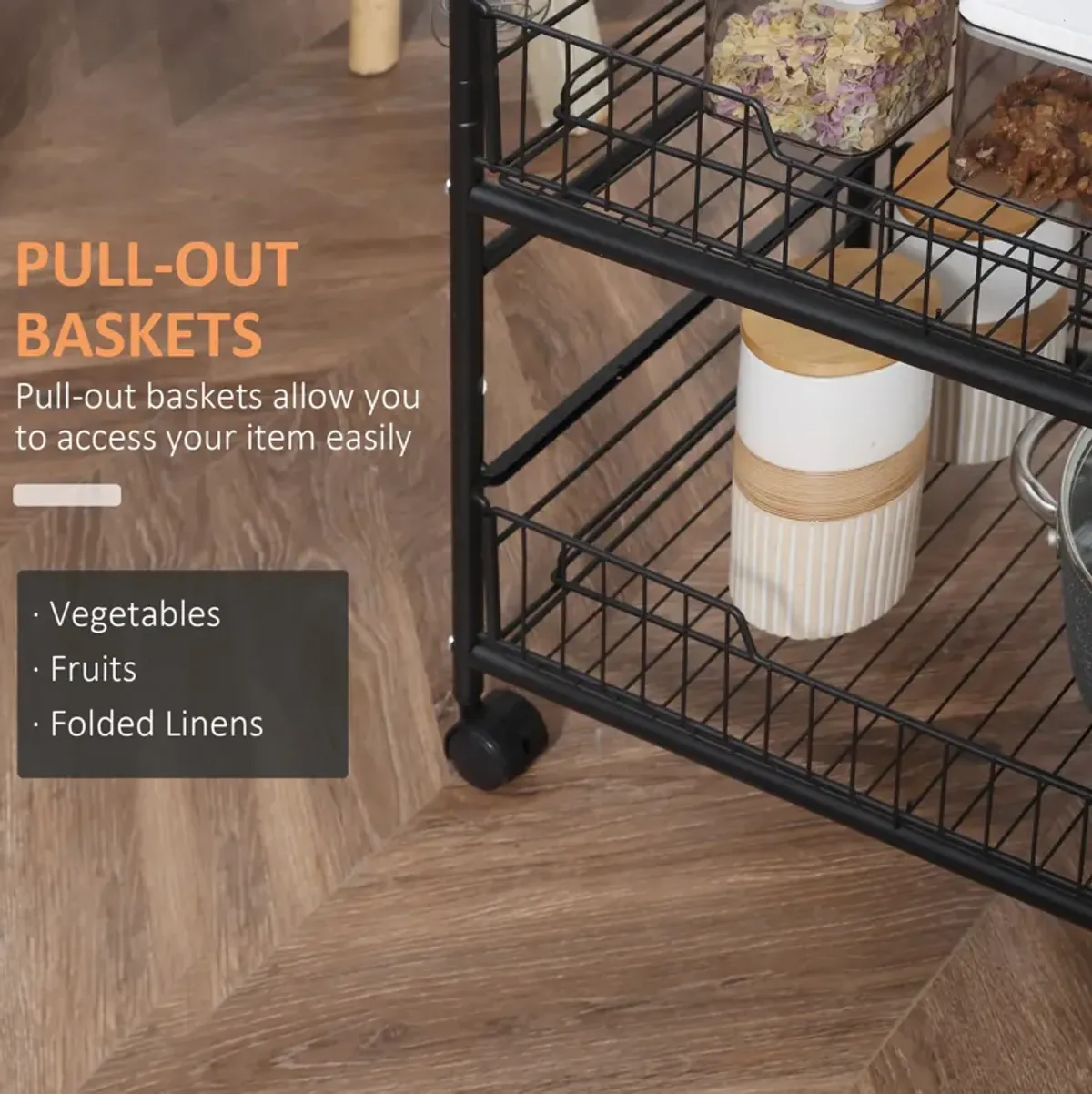 Walnut Kitchen Helper: 3-Tier Mobile Trolley with Basket Drawers