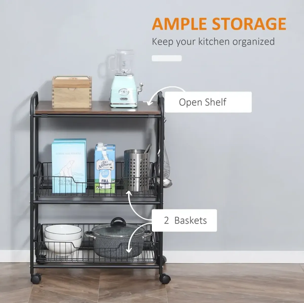 Walnut Kitchen Helper: 3-Tier Mobile Trolley with Basket Drawers