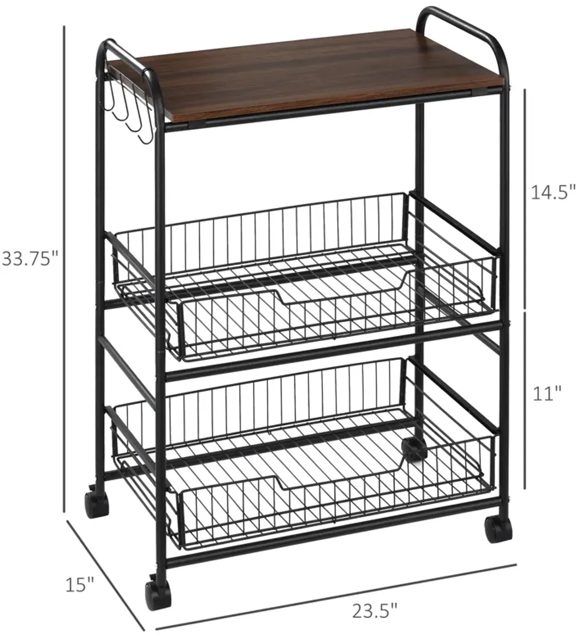 Walnut Kitchen Helper: 3-Tier Mobile Trolley with Basket Drawers