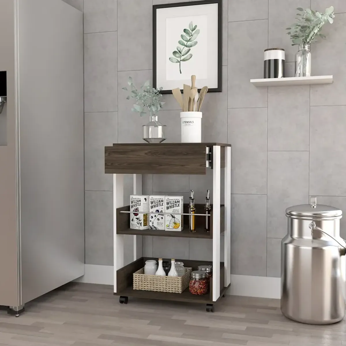 Kitchen Cart Coron, Kitchen, White / Dark Walnut