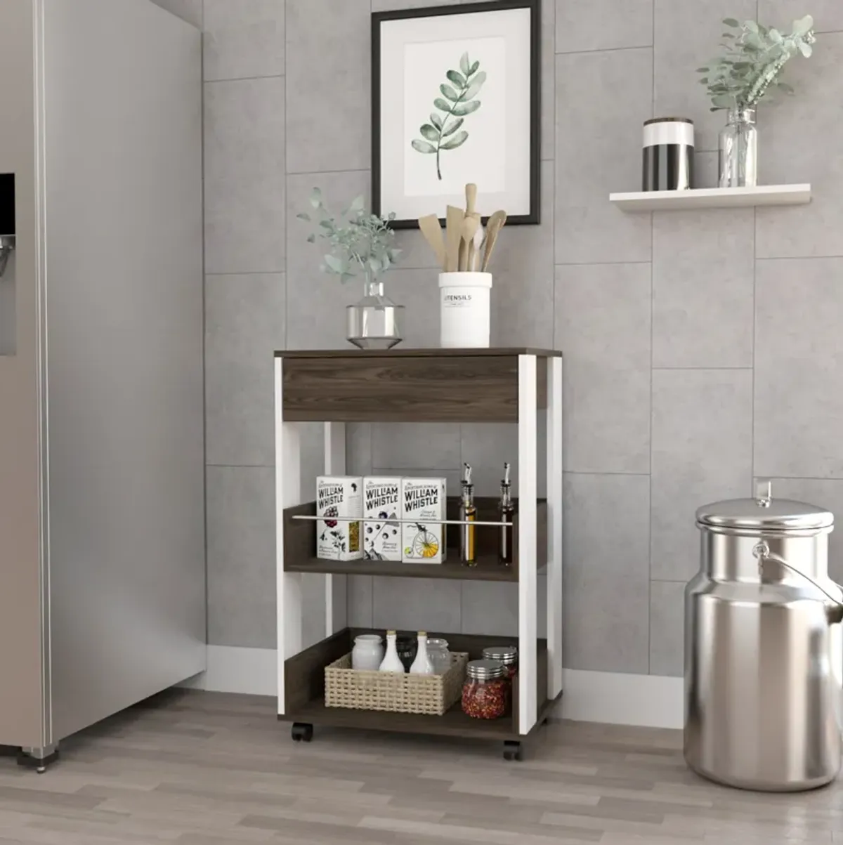 Kitchen Cart Coron, Kitchen, White / Dark Walnut