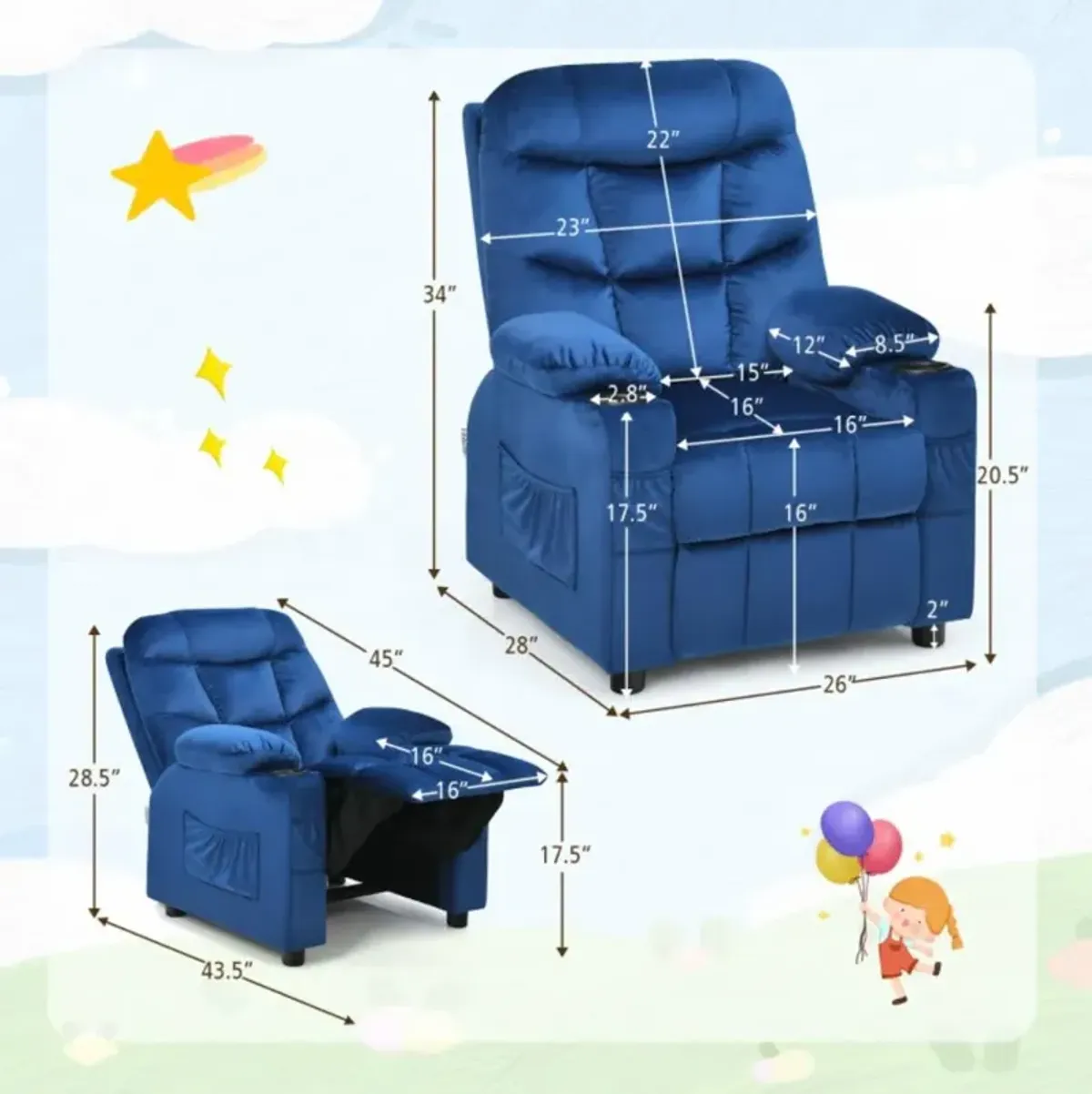 Hivvago Kids Recliner Chair with Cup Holder and Footrest for Children