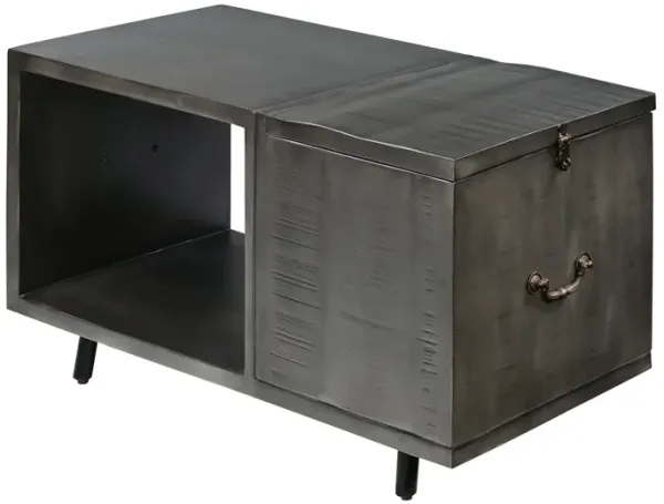30 Inch Handcrafted Coffee Table with Hinged Lift Top Storage, Open Shelf, and Metal Legs, Charcoal Gray-Benzara