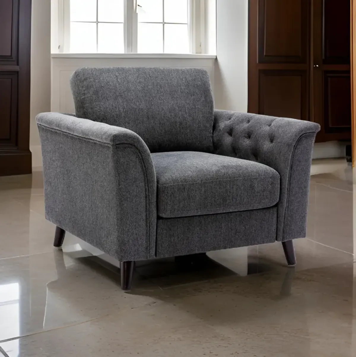 Sen 37 Inch Accent Sofa Chair, Tufted Arms, Padded, Gray Linen, Solid Wood - Benzara