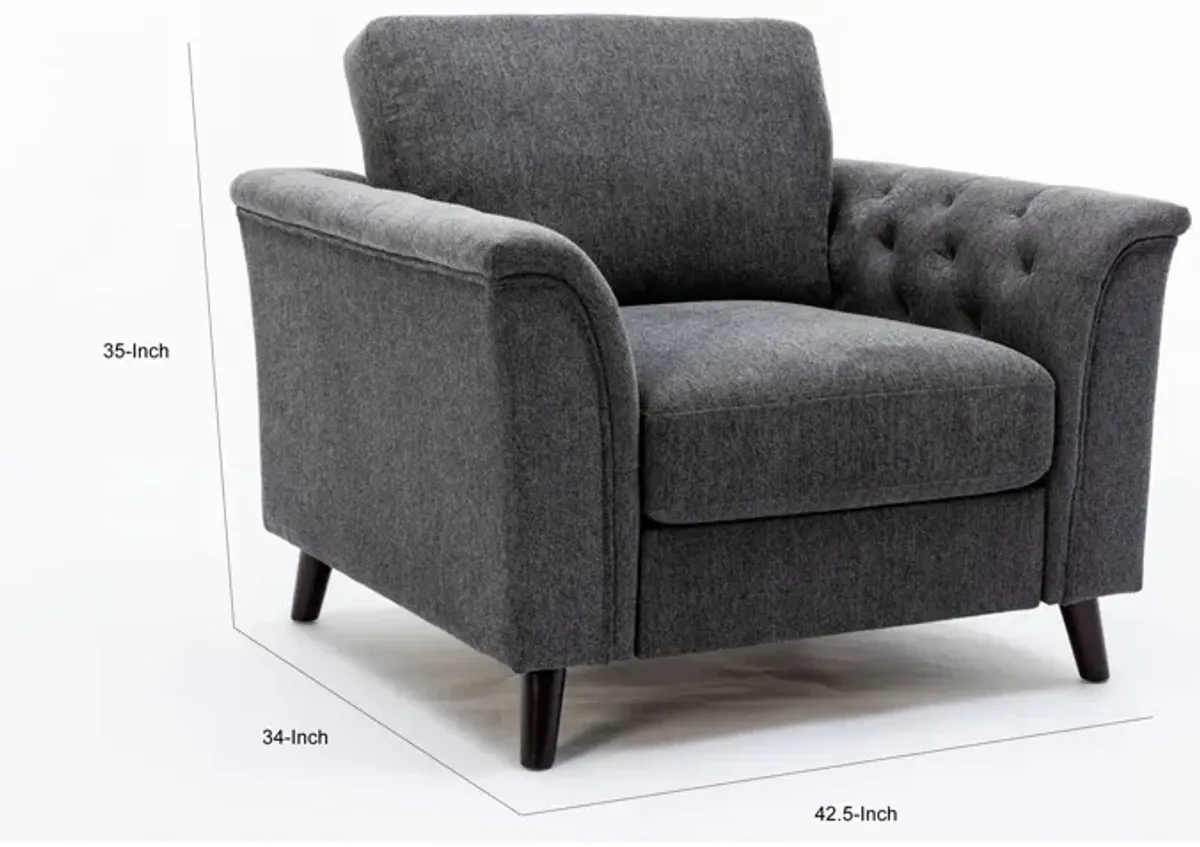Sen 37 Inch Accent Sofa Chair, Tufted Arms, Padded, Gray Linen, Solid Wood - Benzara