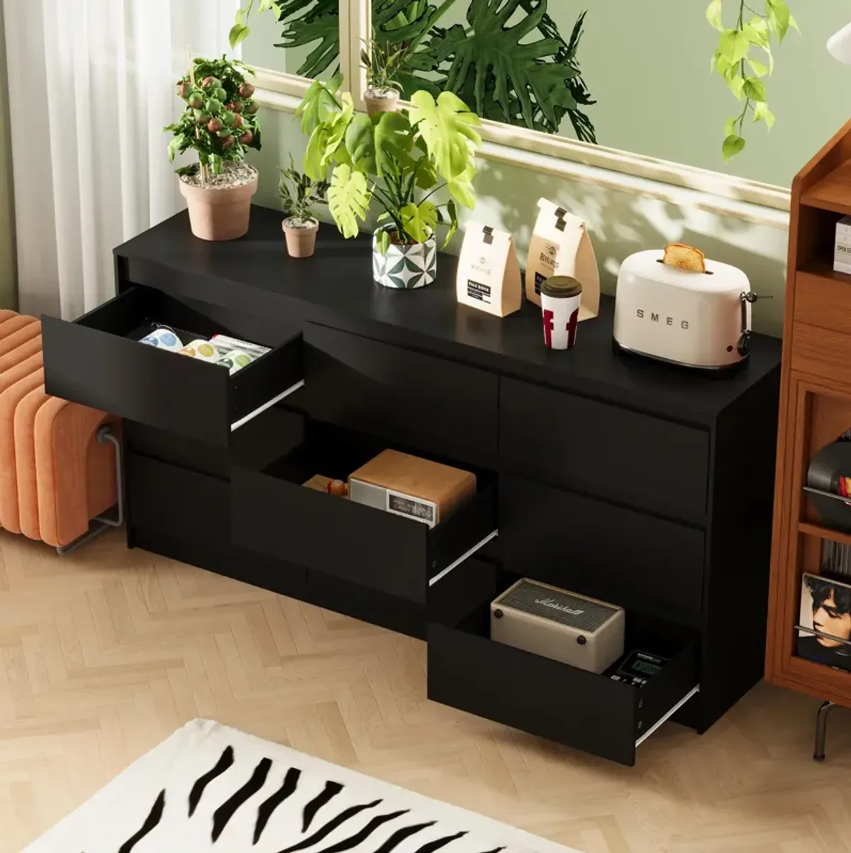 FUFU&GAGA  Modern Black 9-Drawer Dresser with Ample Storage for Bedroom and Living Room (63" W x 31.5" H x 15.7" D) Black