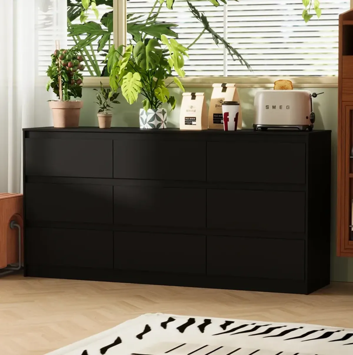 FUFU&GAGA  Modern Black 9-Drawer Dresser with Ample Storage for Bedroom and Living Room (63" W x 31.5" H x 15.7" D) Black