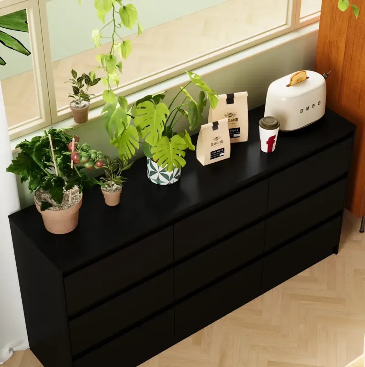 FUFU&GAGA  Modern Black 9-Drawer Dresser with Ample Storage for Bedroom and Living Room (63" W x 31.5" H x 15.7" D) Black