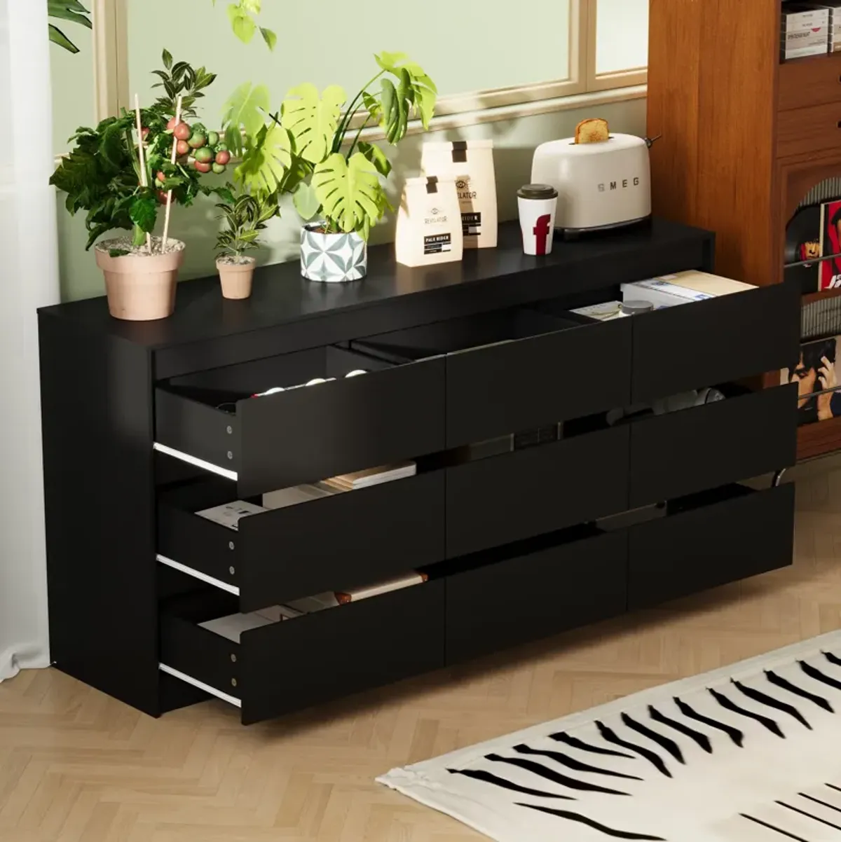 FUFU&GAGA  Modern Black 9-Drawer Dresser with Ample Storage for Bedroom and Living Room (63" W x 31.5" H x 15.7" D) Black