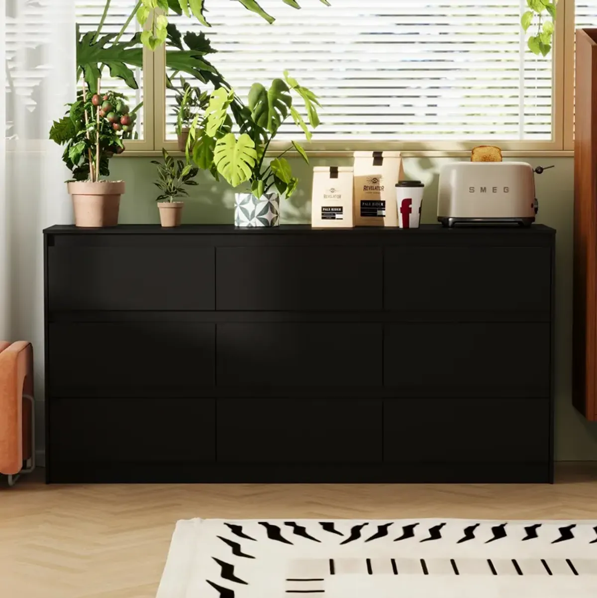 FUFU&GAGA  Modern Black 9-Drawer Dresser with Ample Storage for Bedroom and Living Room (63" W x 31.5" H x 15.7" D) Black