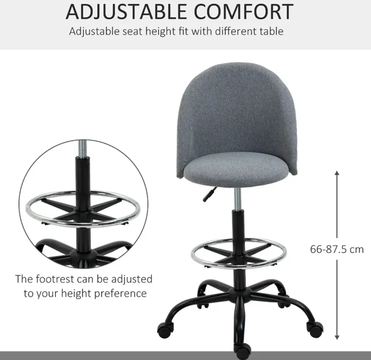 Grey Tall Task Chair: Drafting Chair with Foot Ring & Adjustable Height