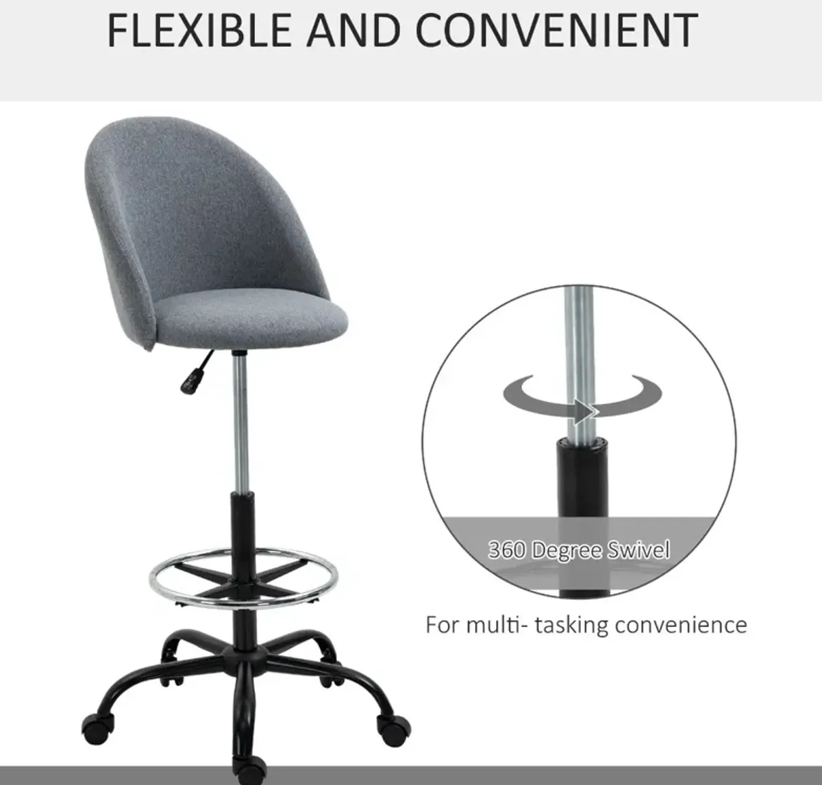 Grey Tall Task Chair: Drafting Chair with Foot Ring & Adjustable Height