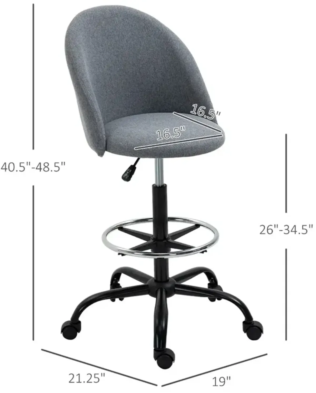 Grey Tall Task Chair: Drafting Chair with Foot Ring & Adjustable Height