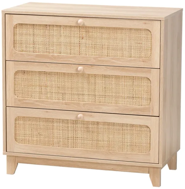 Baxton Studio Elsbeth Japandi Oak Finished Wood and Natural Rattan 3 Drawer Storage Cabinet
