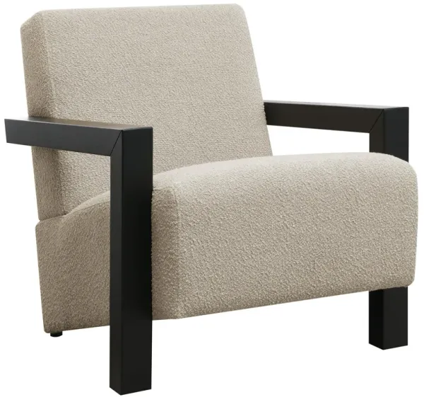 Fitz Accent Chair, Soft Latte Beige Boucle Cushions, Black Wood Arms