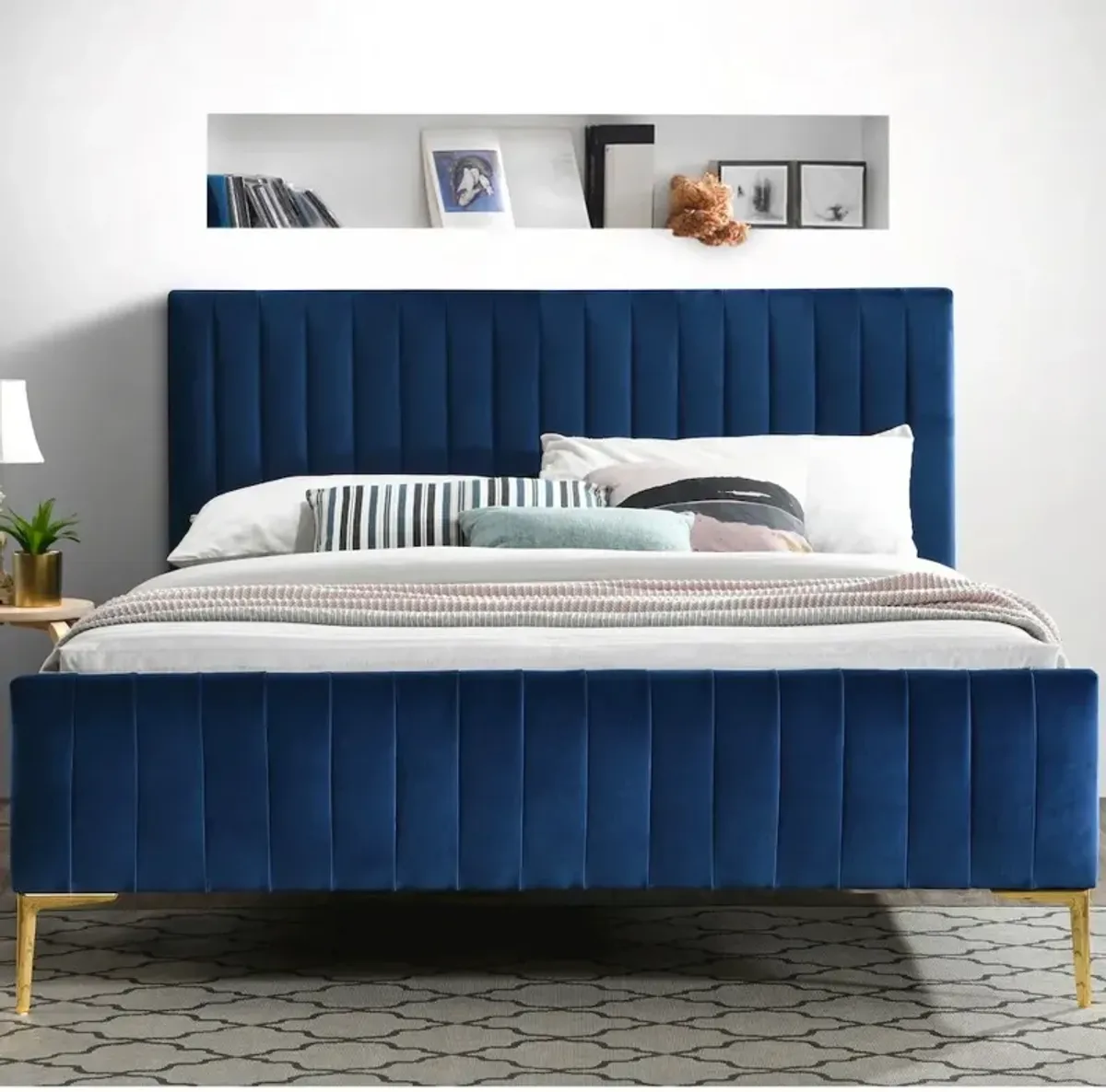 Omax Decor Julia Wood and Fabric Upholstered Queen Platform Bed in Blue