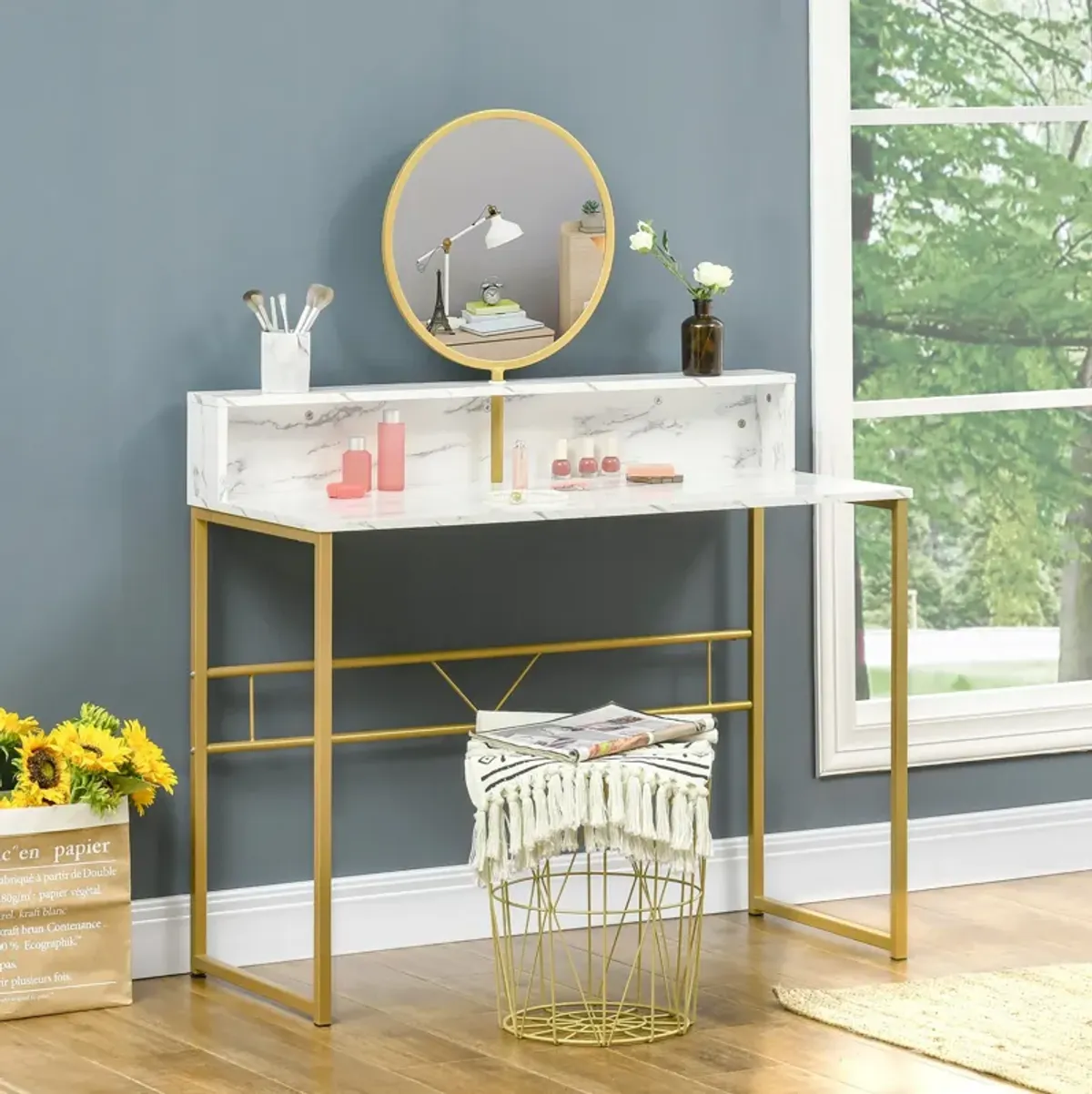 White/Gold Makeup Station: Faux Marble Vanity Desk with Mirror