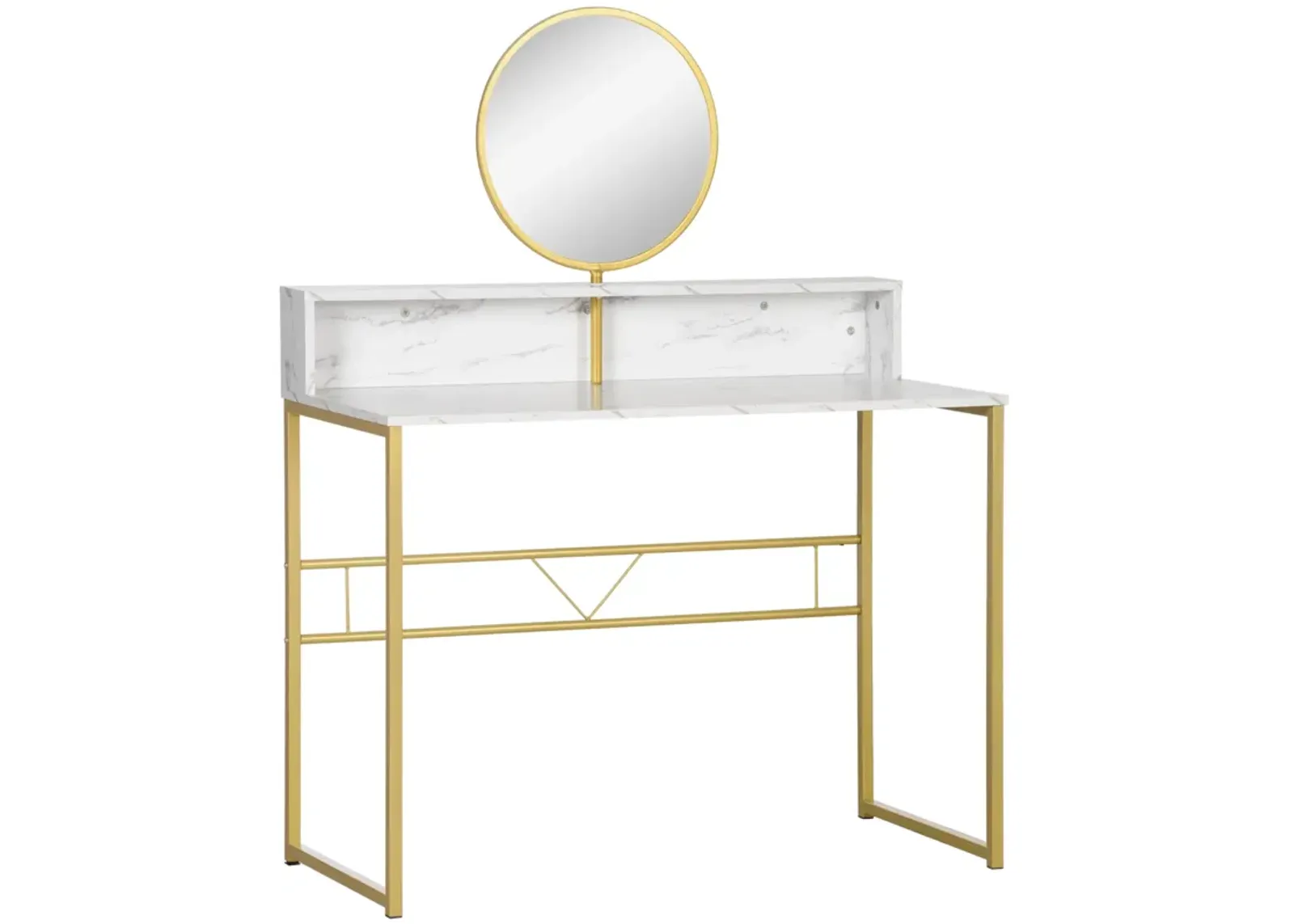 White/Gold Makeup Station: Faux Marble Vanity Desk with Mirror