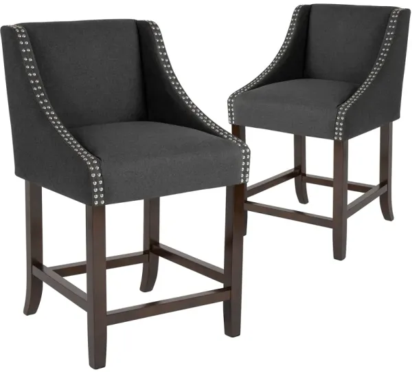 Flash Furniture Carmel Series 24" High Transitional Walnut Counter Height Stool with Nail Trim in Charcoal Fabric, Set of 2