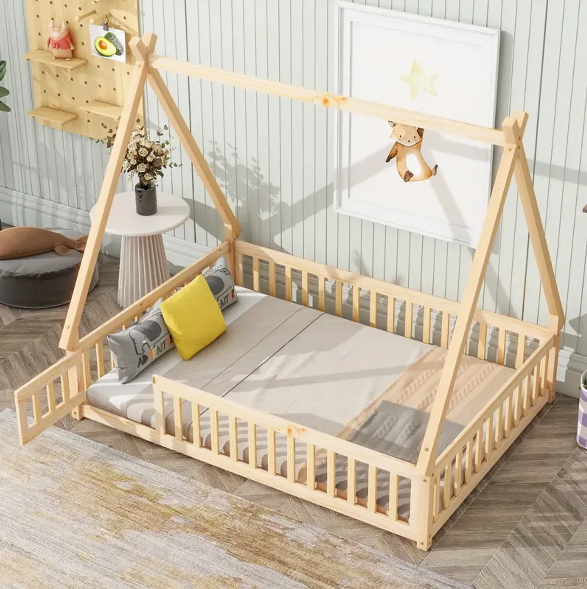 Full Tent-shaped Floor Bed, with Guardrails, Slats, Door ,Natural