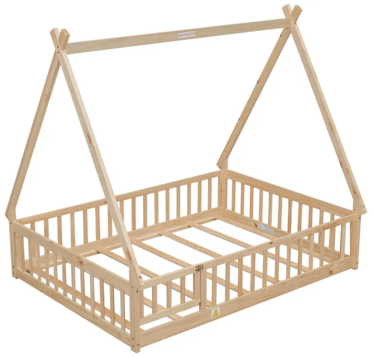Full Tent-shaped Floor Bed, with Guardrails, Slats, Door ,Natural