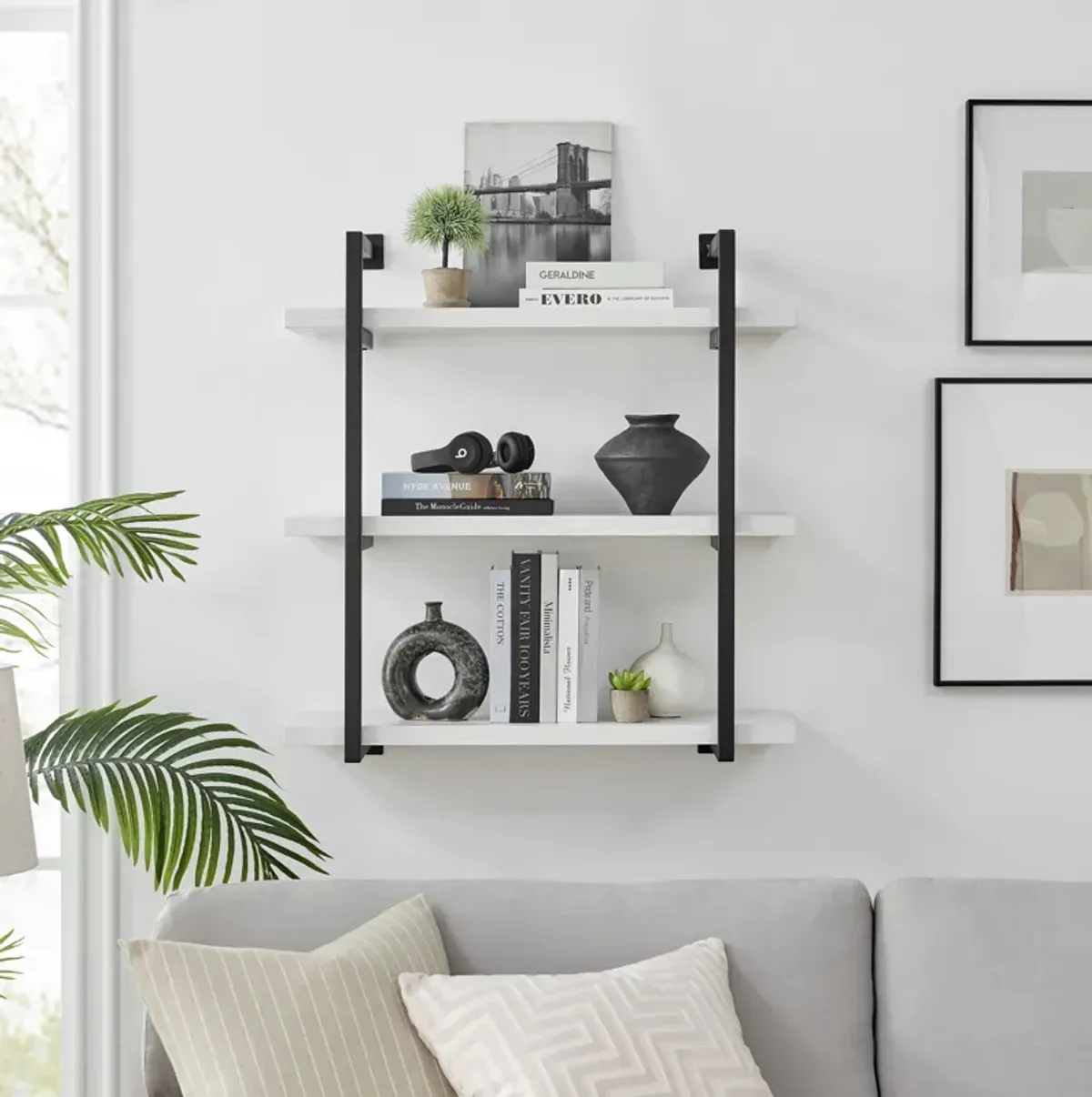 Modern 3-Tier Hanging Bracket Wall Shelves in Black Metal and White Birch Finish