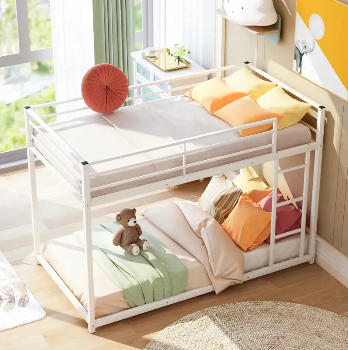 Twin Over Twin Metal Bunk Bed, Low Bunk Bed With Ladder