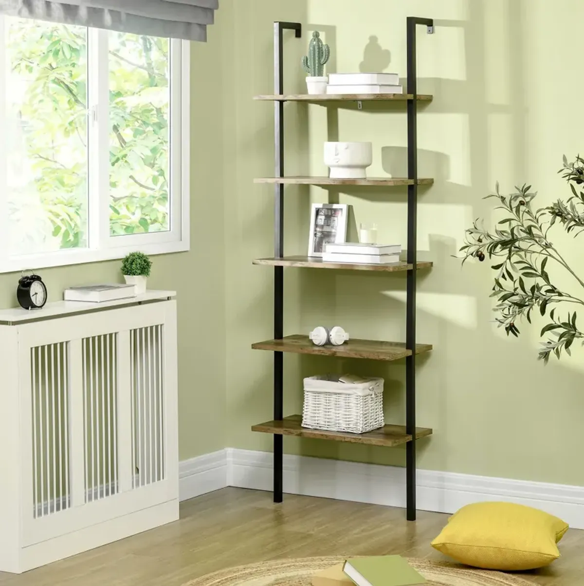 Brown Industrial Shelving: 5-Tier Wall Mount Ladder Shelf