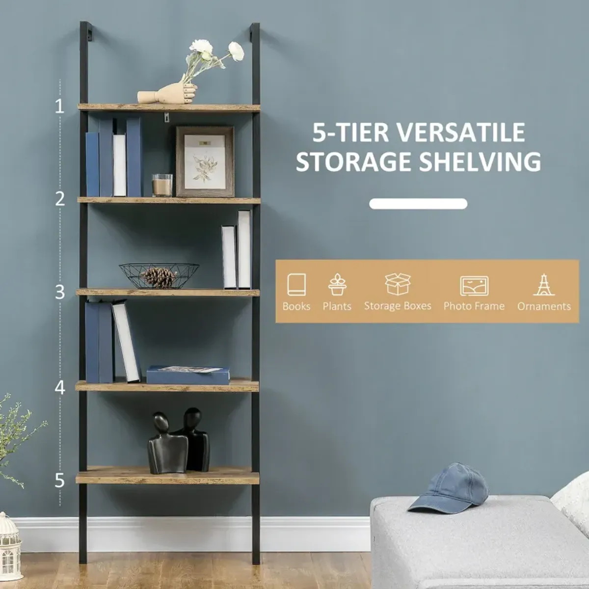 Brown Industrial Shelving: 5-Tier Wall Mount Ladder Shelf