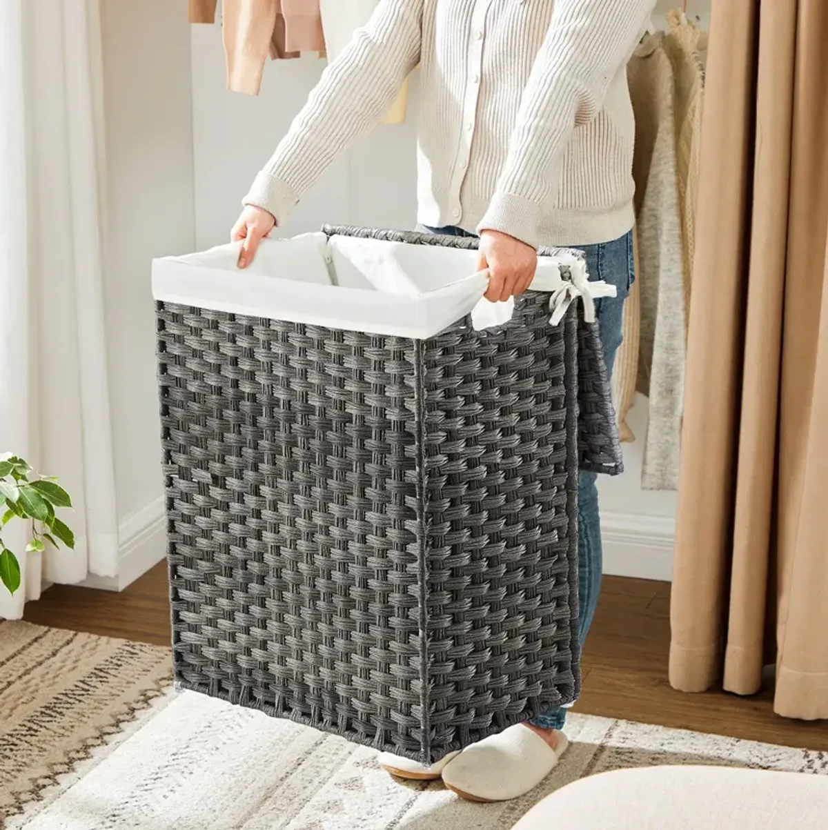 Handwoven Laundry Basket with Lid, 90L Synthetic Rattan Divided Clothes Hamper with Handles