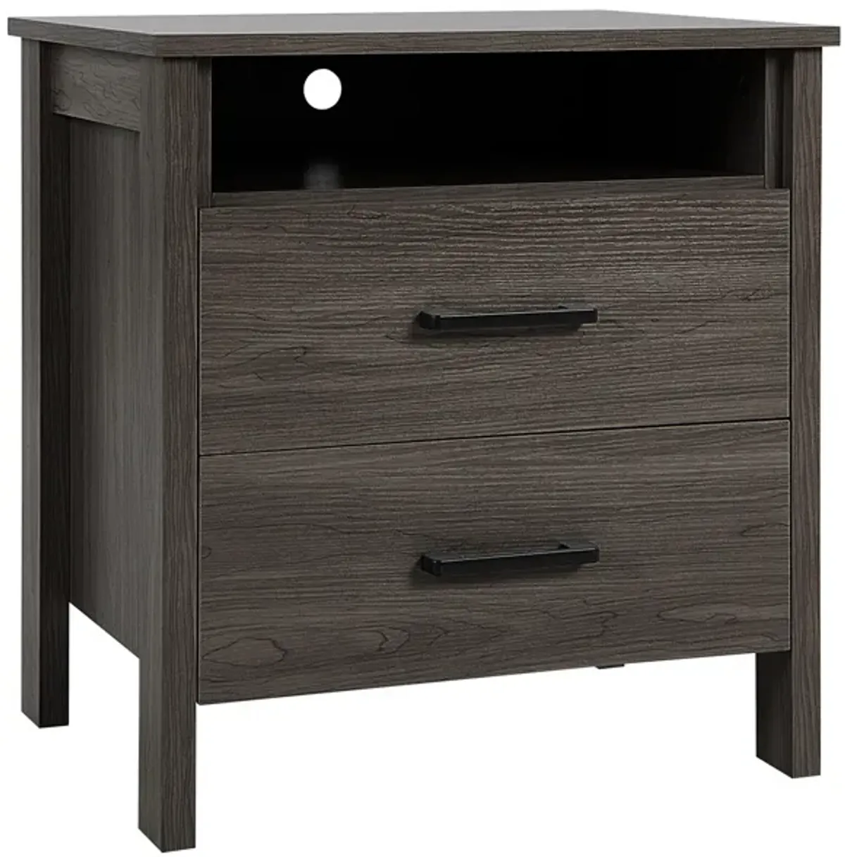 Modern Wood Grain Nightstand with Cable Hole and Open Compartment