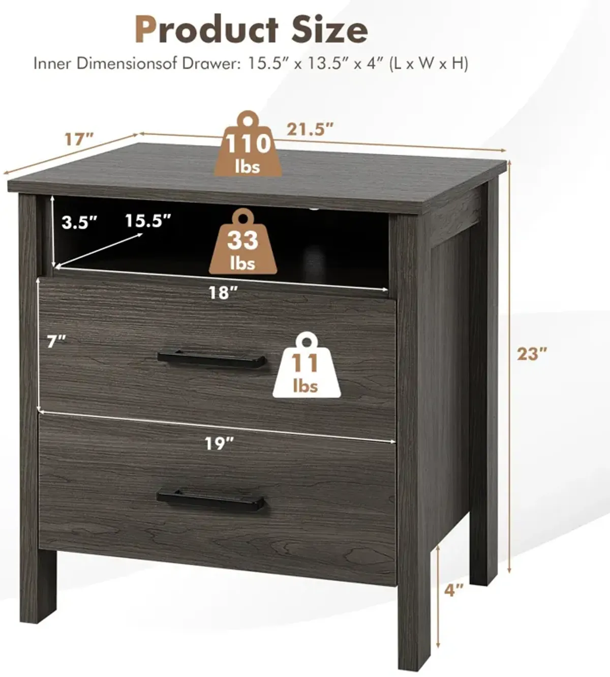 Modern Wood Grain Nightstand with Cable Hole and Open Compartment