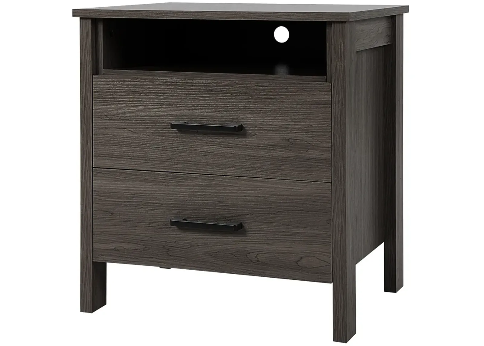 Modern Wood Grain Nightstand with Cable Hole and Open Compartment