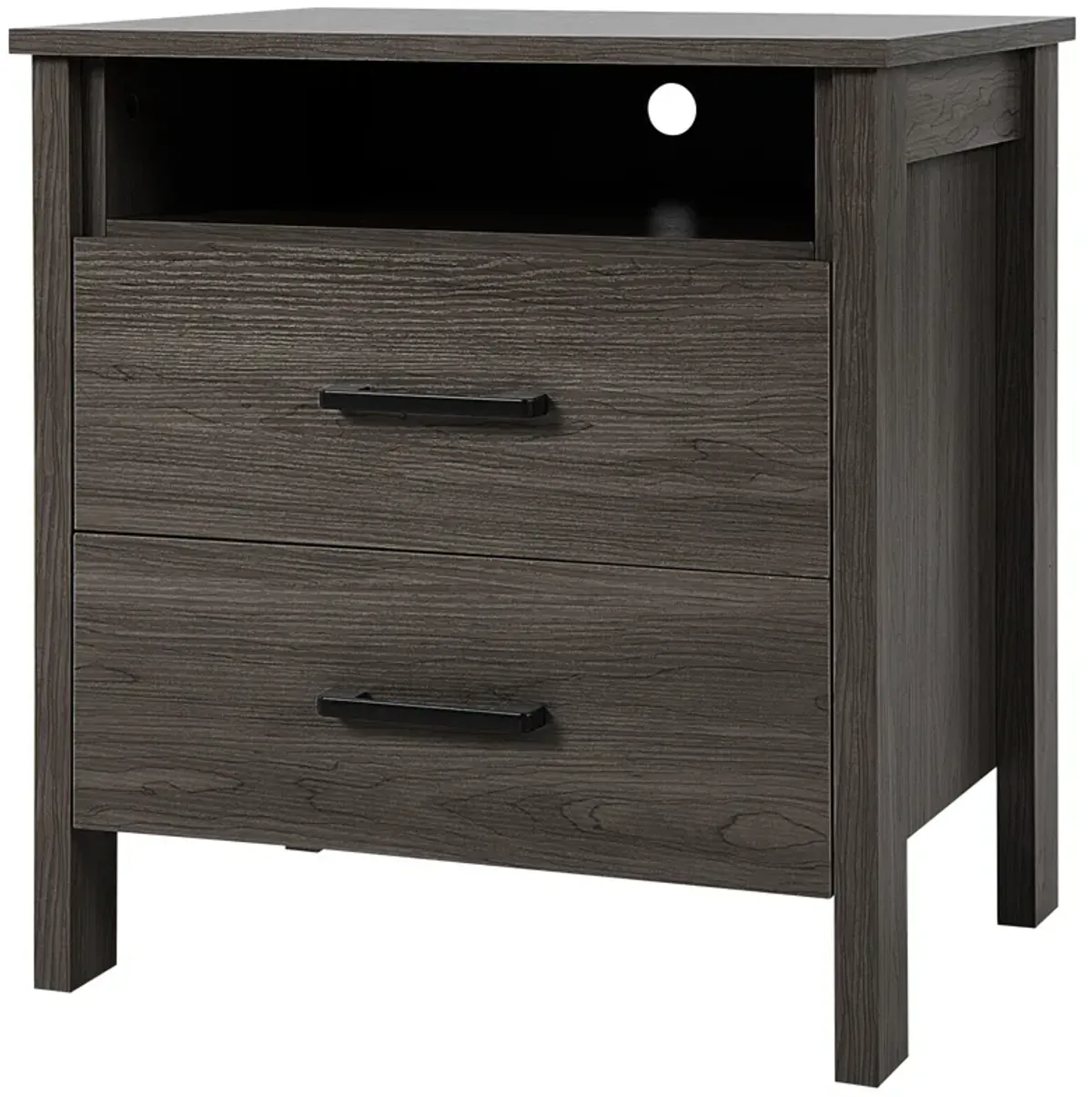 Modern Wood Grain Nightstand with Cable Hole and Open Compartment