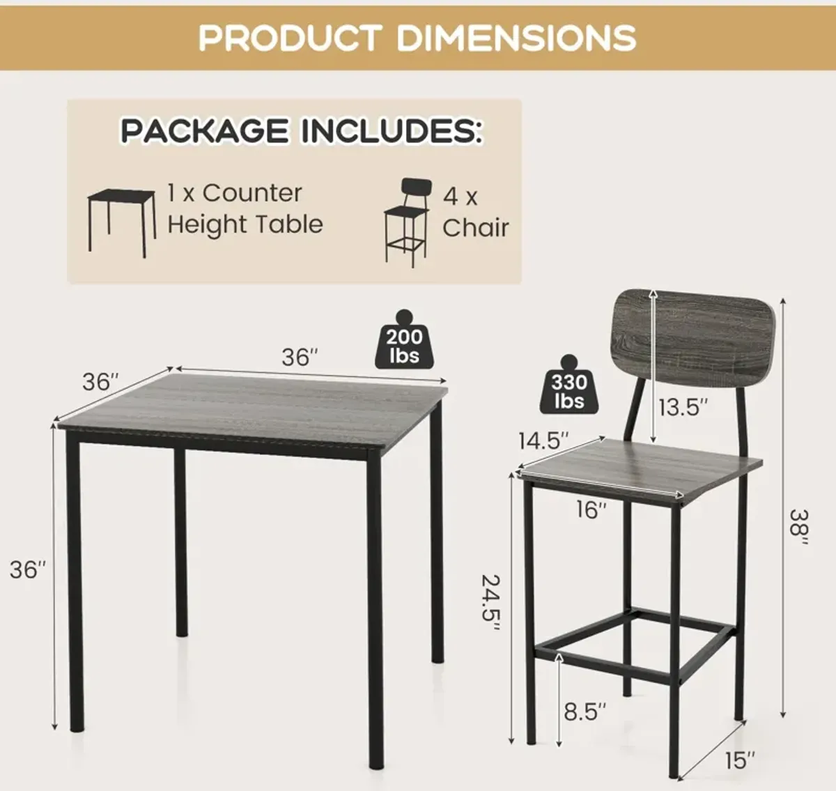 5-Piece Counter-Height Dining Bar Table Set with 4 Bar Chairs-Gray