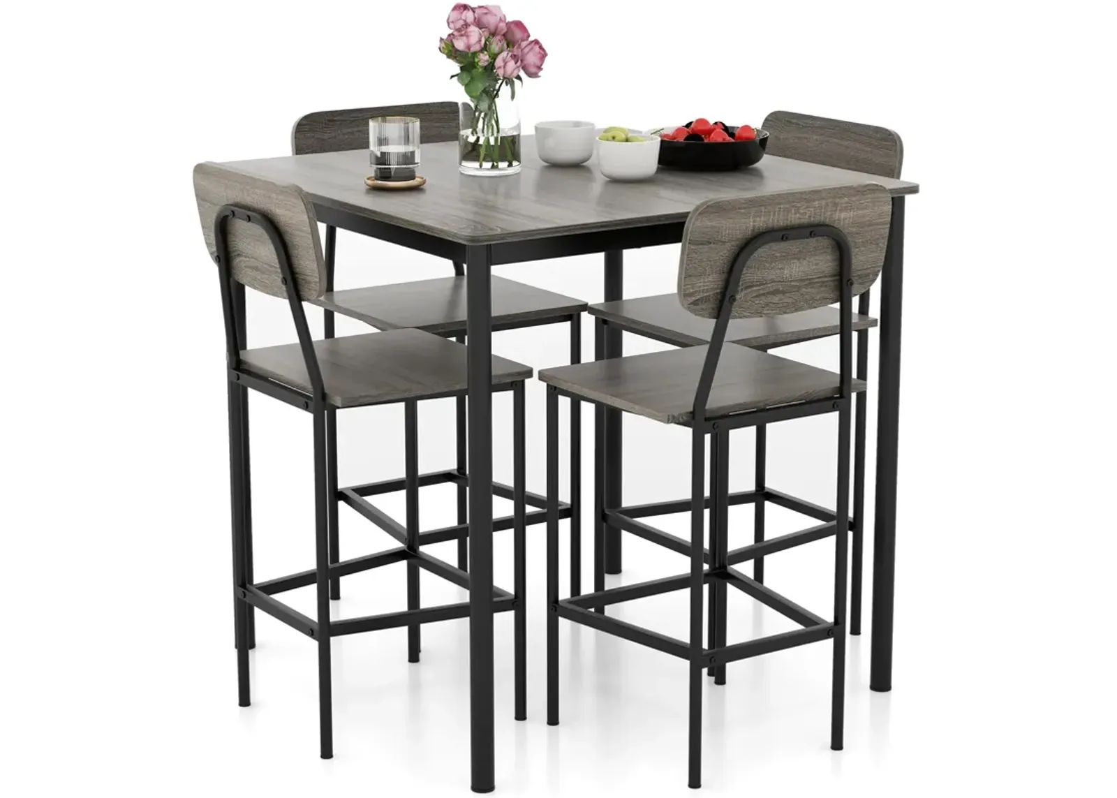 5-Piece Counter-Height Dining Bar Table Set with 4 Bar Chairs-Gray