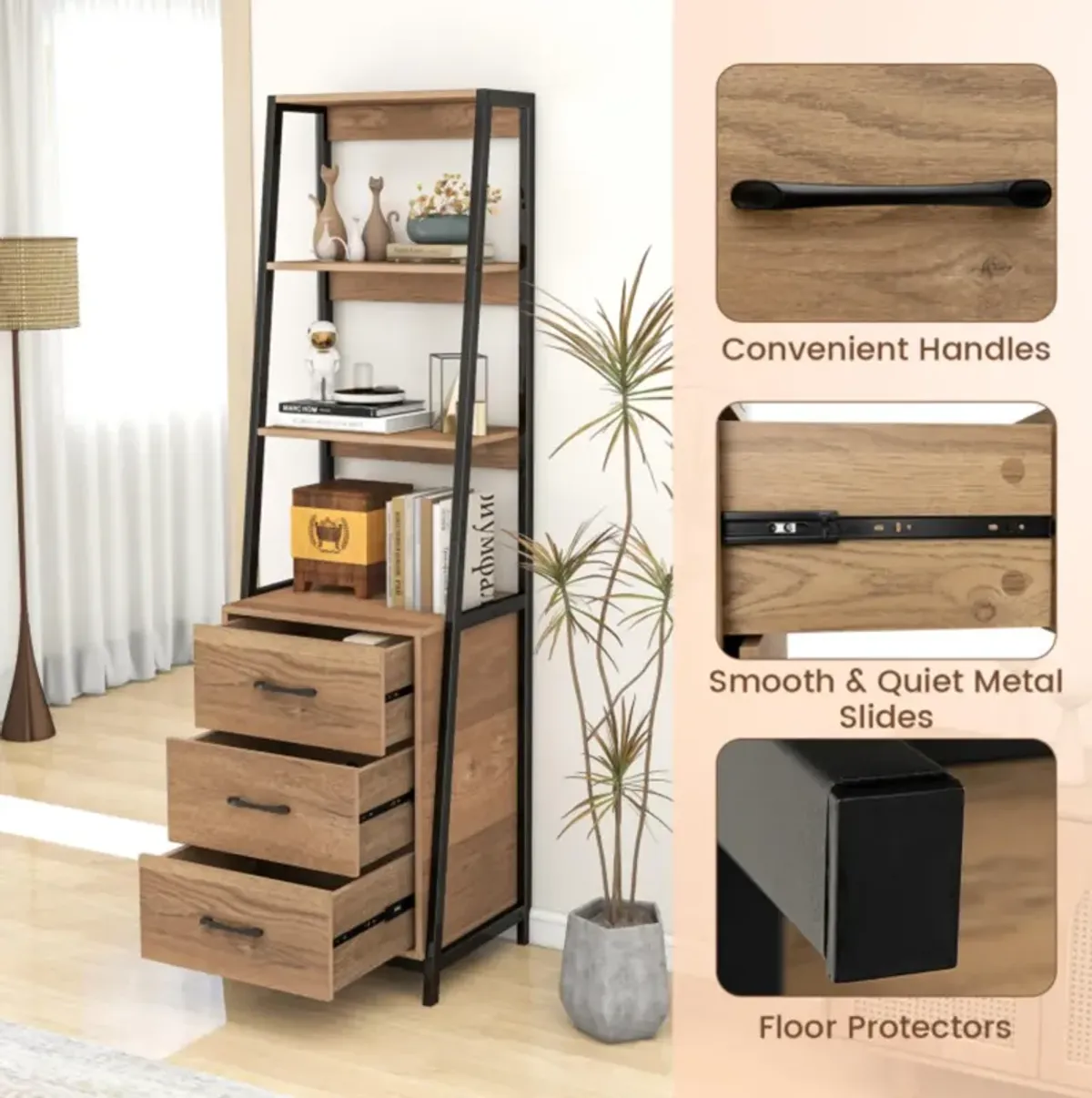 Hivvago Multifunctional Tall Bookcase with Open Shelves and Storage Drawers