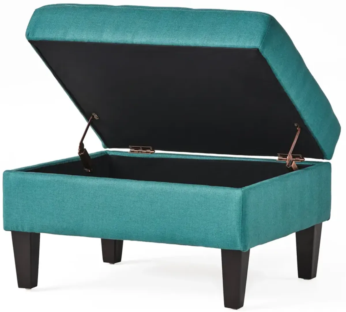 Ottoman with Storage, 28 Inch, Black Birch Wood, Teal Waffle Stitched - Benzara