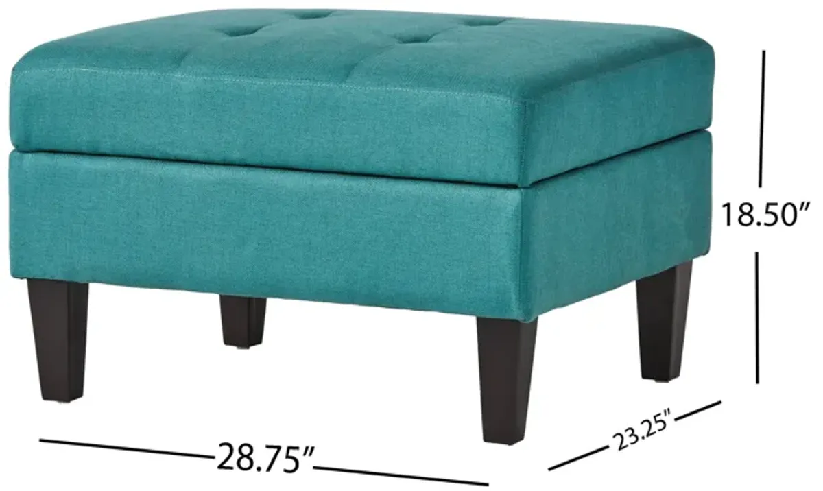 Ottoman with Storage, 28 Inch, Black Birch Wood, Teal Waffle Stitched - Benzara