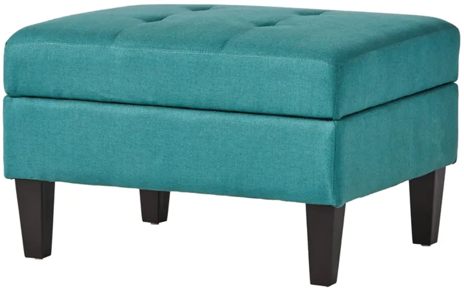 Ottoman with Storage, 28 Inch, Black Birch Wood, Teal Waffle Stitched - Benzara