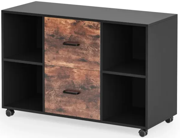 2 Drawer File Cabinet, Large Mobile Lateral Filing Cabinet for Letter Size, Printer Stand with Storage Shelves and Rolling Wheels for Home Office (Black/Rustic)