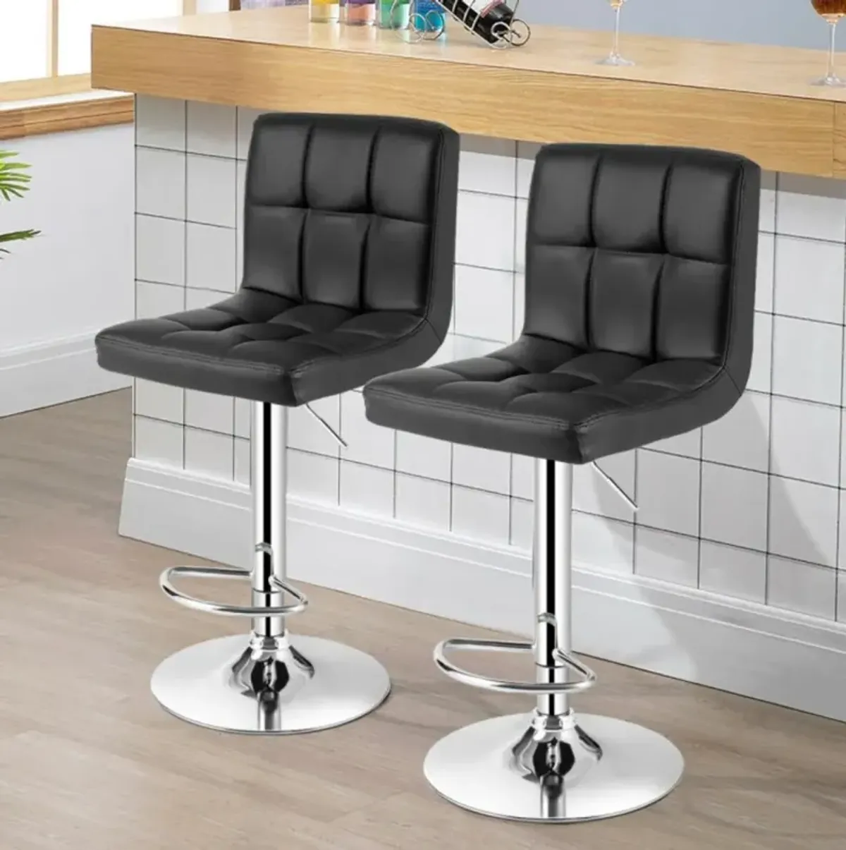 Hivvago Set of 2 Square Swivel Adjustable PU Leather Bar Stools with Back and Footrest